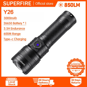 Фонарь ручной Аккум. с зумом Superfire Y26 (IP43, 15W, заряд от USB, Type-C, 5 режимов, акк. 26650, 3000mAh, 816лм)
