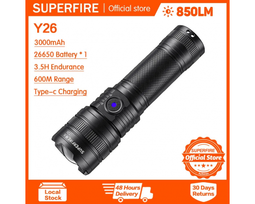 Фонарь ручной Аккум. с зумом Superfire Y26 (IP43, 15W, заряд от USB, Type-C, 5 режимов, акк. 26650, 3000mAh, 816лм)
