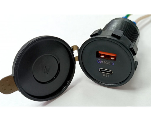 Гнездо USB врезное под закрутку с заглушкой (1 USB+1 Type-C, QC3.0 + PD, 12V-24V) круглый CR1010