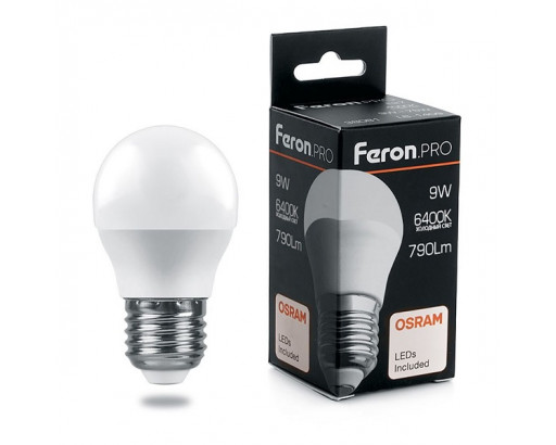 Лампа светодиодная Шар E27 _9W 220V 6400K Матовая G45 790Лм (45х90мм) Feron .PRO OSRAM LB-1409 38082