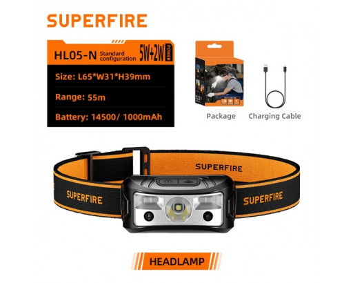 Фонарь Аккум. налобный Superfire HL05-N ( IP44, 5+2W, датчик движения, заряд от USB, Type-C, 3 режима встроенный аккум. 1000mAh, 350лм, )