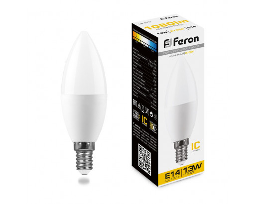 Лампа светодиодная Свеча E14 13W 220V 2700K Матовая C37 1080Лм (37х110мм) Feron LB-970 38107