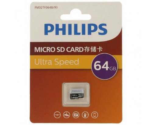 Карта памяти MicroSD 64 Gb class 10 (без ад.) Philips SDHC U3 64G A1 V30 (подходит для видеонаблюдения)