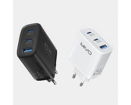 СЗУ 3,0А  45W USB+2хType-C 5V-12V=1,5А-3А (GaN, PD25W, QC)  MIVO MP-450Q