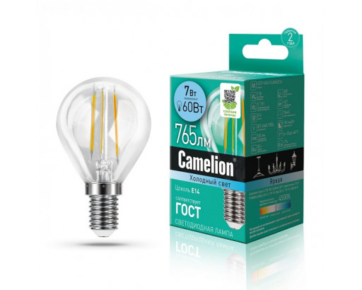 Лампа светодиодная Шар E14 _7W 220V 4500K ФИЛАМЕНТ G45 750Лм (46х88мм) Camelion LED7-G45-FL/845/E14 13458