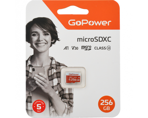 Карта памяти MicroSD256 Gb class 10 (без адаптера) GoPower U3 V30