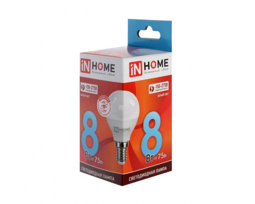 Лампа светодиодная Шар E14 _8W 220V 4000K Матовая G45 760Лм (45х83мм) IN HOME VC 4690612020556