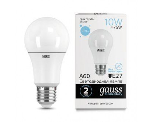 Лампа светодиодная Груша E27 10W 220V 6500K Матовая A60 950Лм (60х107мм) Gauss Elementary 23230