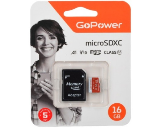 Карта памяти MicroSD 16 Gb class 10 (с адаптером SD) GoPower UHS-I (U3) 80 МБ/сек V10