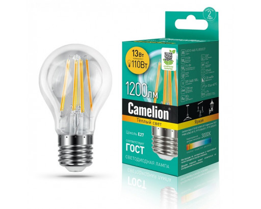 Лампа светодиодная Груша E27 13W 220V 3000K ФИЛАМЕНТ A60 925Лм (60х109мм) Camelion LED13-A60-FL/830/E27 13716