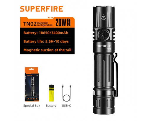 Фонарь ручной Аккум. Superfire TN02 (20W,IP44, заряд от USB, Type-C, 5 режимов, акк. 18650, 3400mAh, 5.5ч-8дн(10лм), 1800лм)