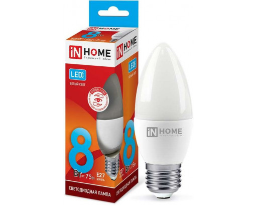Лампа светодиодная Свеча E27 _8W 220V 4000K Матовая C37 760Лм (37х107мм) IN HOME VC 4690612020457
