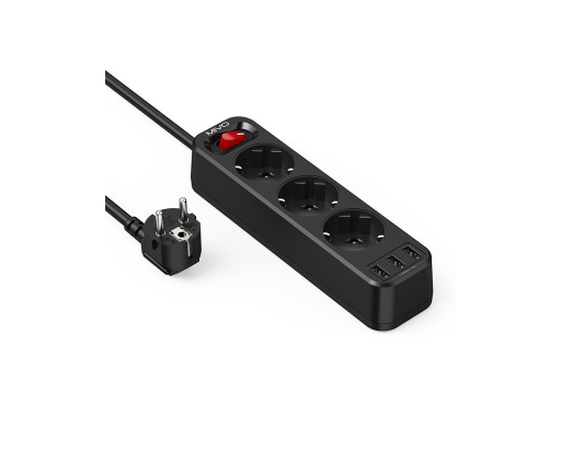 Сетевой фильтр MIVO MC-303 3 розетки + 3 USB, 2,4A 2м 4000W , 16A черный