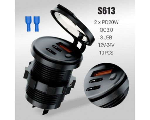 Гнездо USB врезное под закрутку с заглушкой (1 USB + 2Type-C, PD20W + PD20W + QC3.0, 12V-24V) круглый CR1050