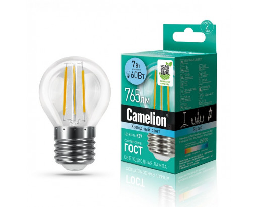 Лампа светодиодная Шар E27 _7W 220V 4500K ФИЛАМЕНТ G45 750Лм (46х88мм) Camelion LED7-G45-FL/845/E27 13459