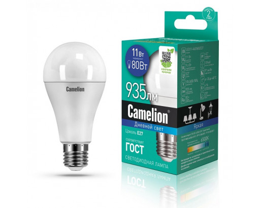 Лампа светодиодная Груша E27 11W 220V 6500K Матовая A60 935Лм (60х109мм) Camelion LED11-A60/865/E27 12651