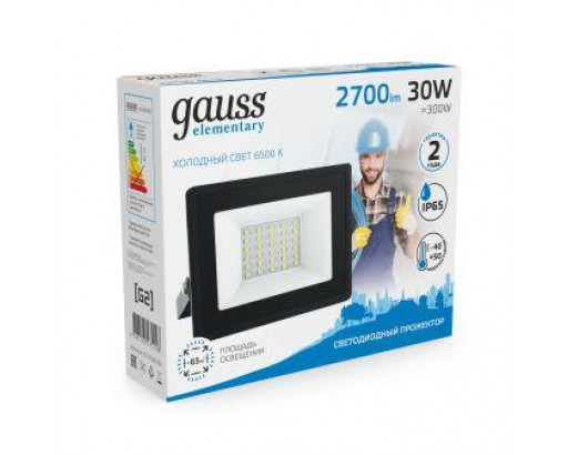 Прожектор Светодиодный  30W 6500К 2700lm IP65 (136x126x29) Gauss Elementary G2 613100330 черный