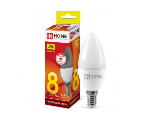 Лампа светодиодная Свеча E14 _8W 220V 3000K Матовая C37 760Лм (37х107мм) IN HOME VC 4690612020426