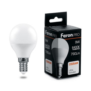 Лампа светодиодная Шар E14 _9W 220V 6400K Матовая G45 790Лм (45х90мм) Feron .PRO OSRAM LB-1409 38079